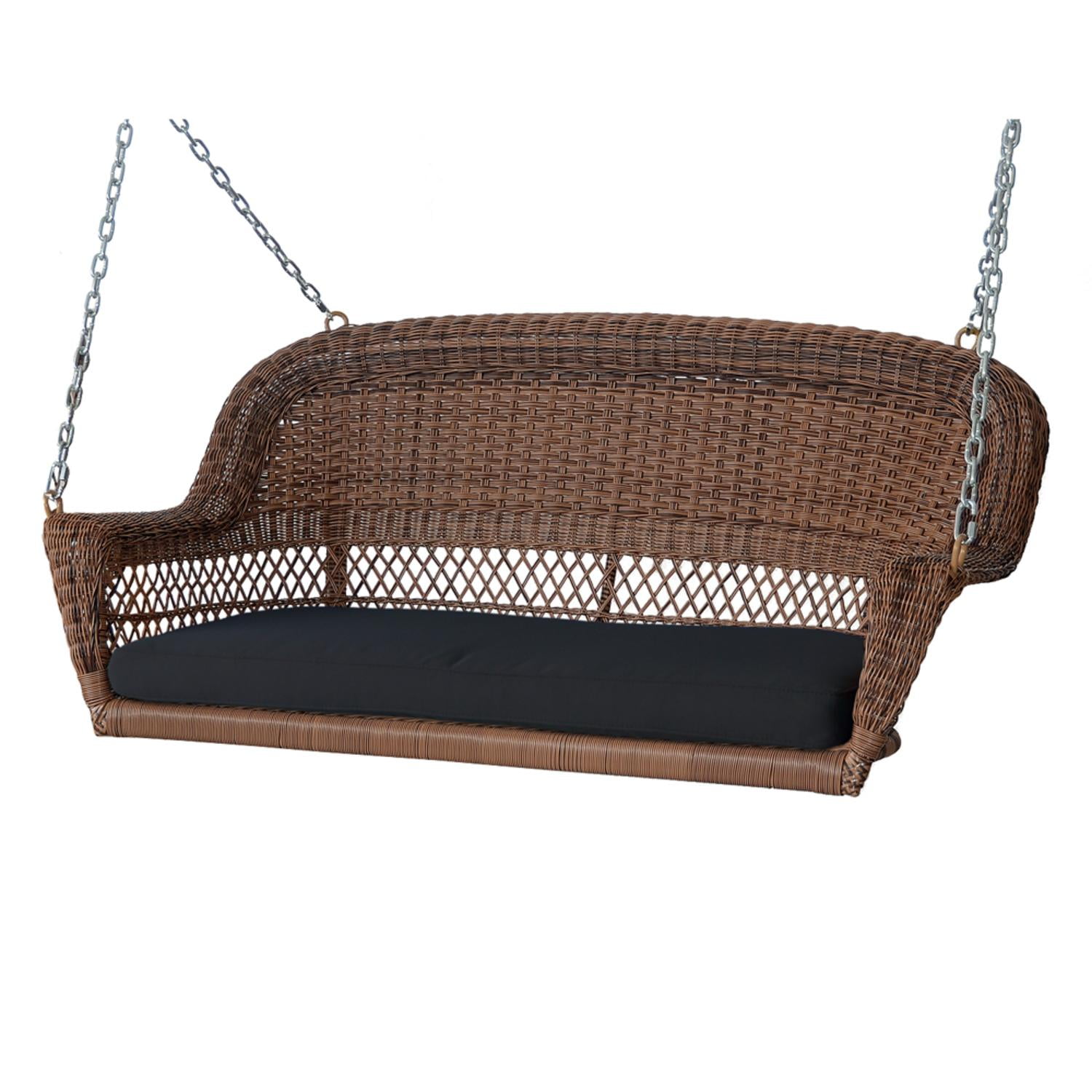 51.5" Hand Woven Honey Brown Resin Wicker Outdoor Porch Swing with Black Cushion by CC Outdoor Living