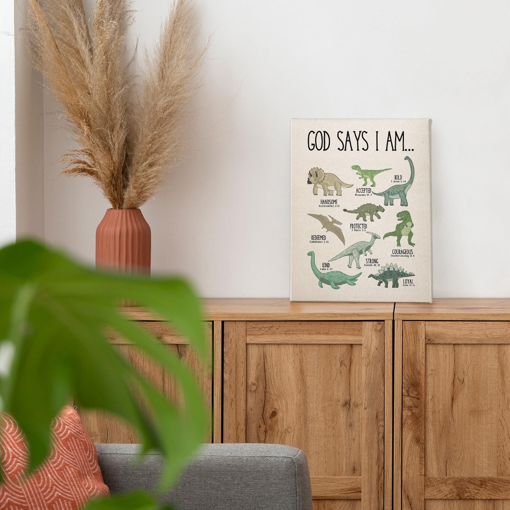 Christian Dinosaur Wall Art Decor Canvas, God Says I Am Bible Verse Dino Pictures Wall Decor Decorations Art, Dinosaur Scripture Framed Prints Artwork For Boys Kids Room Bedroom Playroom