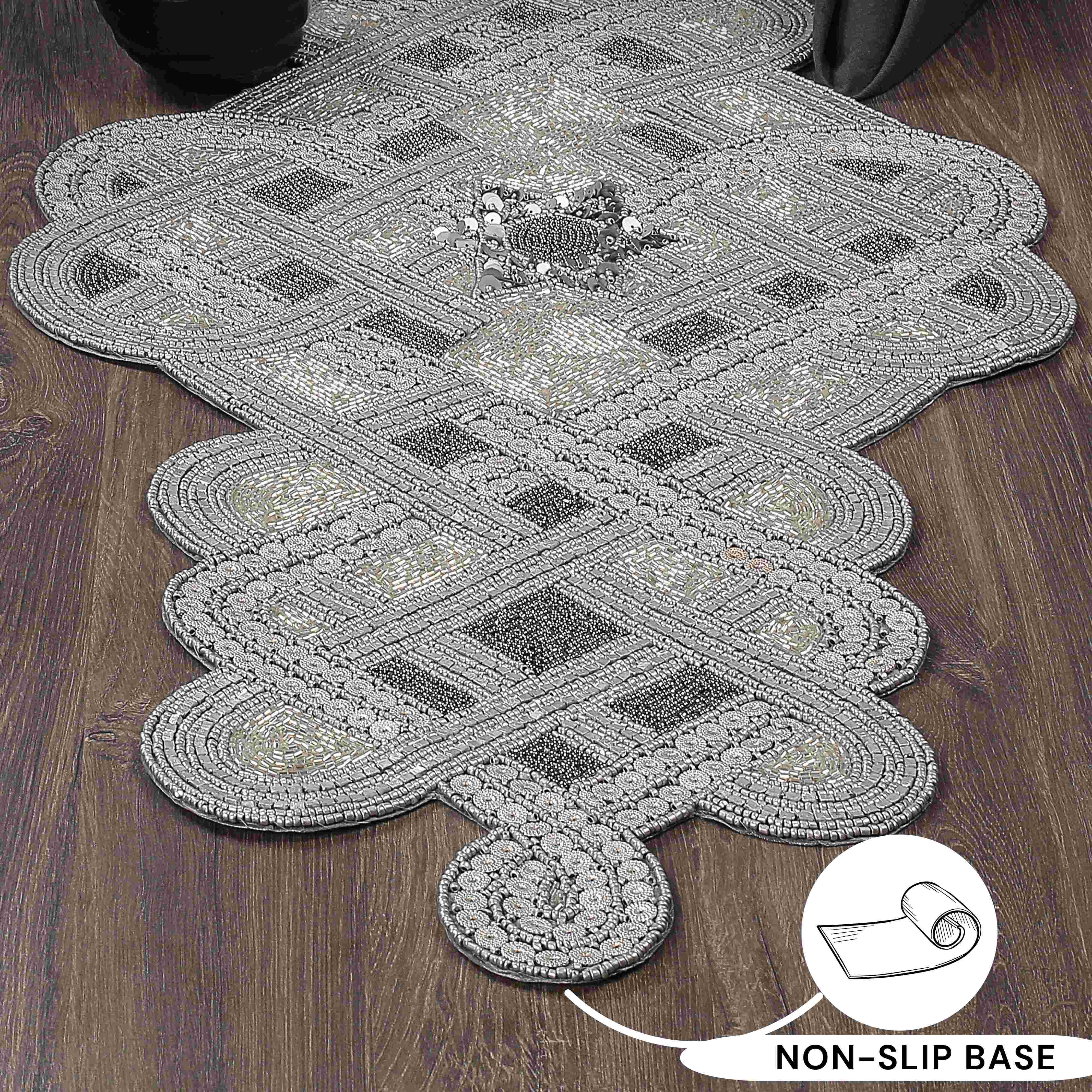 Handmade Floral Decorative Glass Beaded Table Runner for Table Decor - Grey & Silver (36x13in)