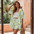 thumbnail image 3 of FKELYI Green Lemon Flower Print Women's 2 Piece Set Short Sleeve Shirt & Shorts with Elastic Waist Summer Beachwear Soft Vacation Outfits Open Front Top Lounge Set, M, 3 of 7
