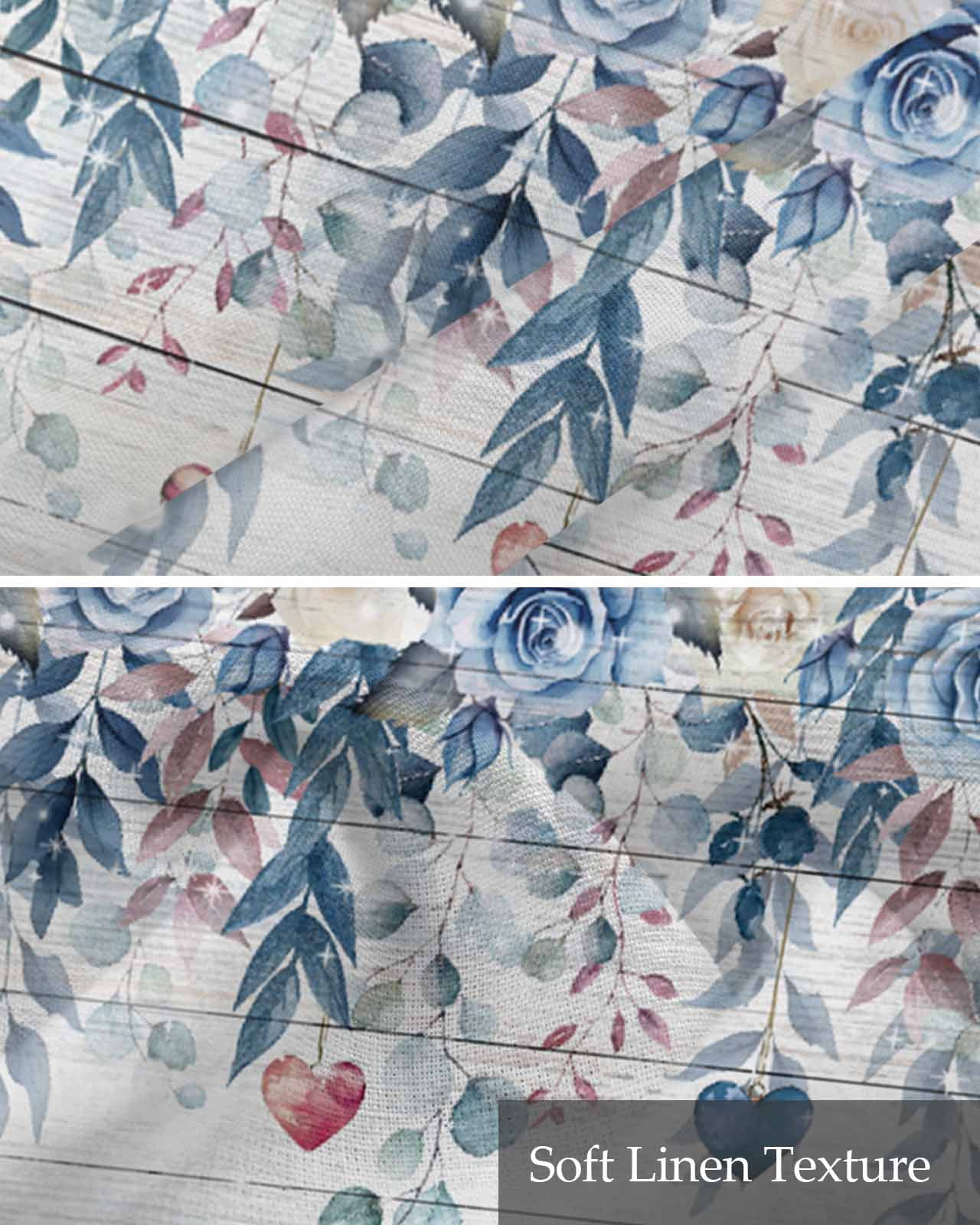 Valentine's Rose Blue Linen Curtain Valance for Bedroom/Bathroom/Kitchen/Office/Living/Dining Room Windows, Farmhouse Woodgrain Leaves Rod Pocket Topper Decorative Cafe Drapes Panel 42"x18"