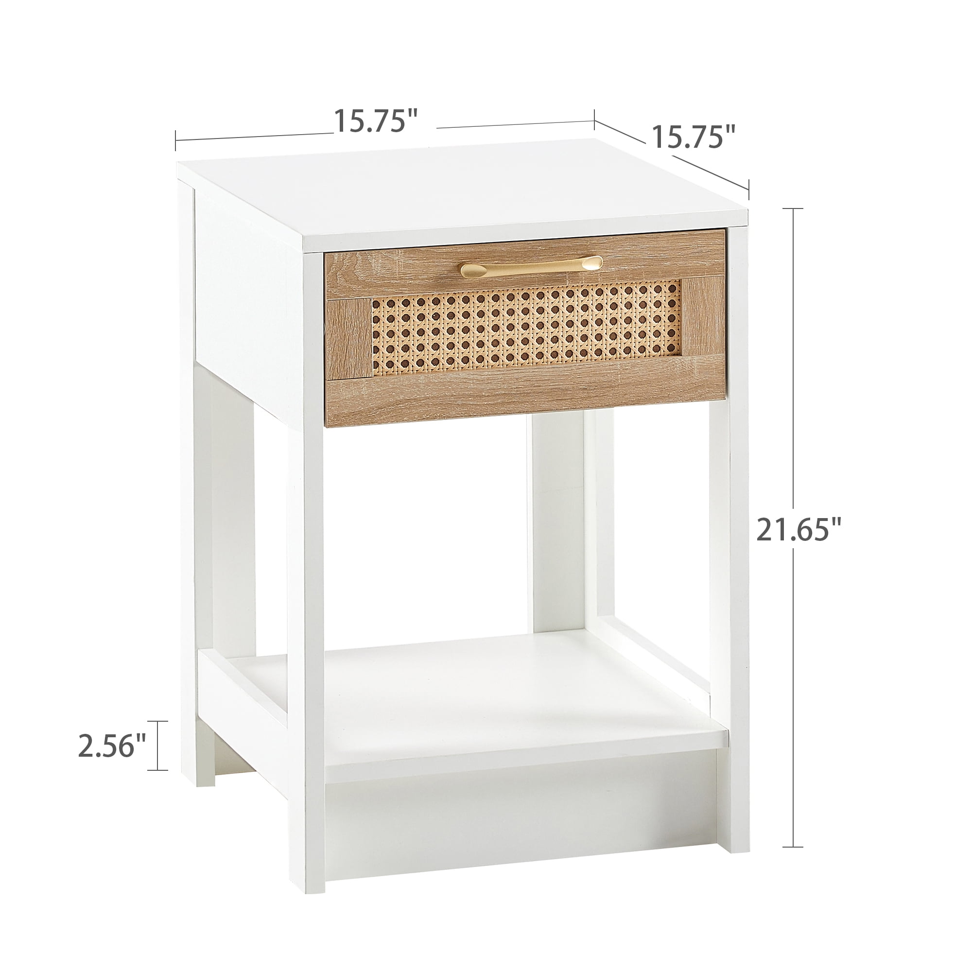Kepooman 15.75" Rattan Night Table, Bedside Table with Drawer, Modern Farmhouse Nightstand for Living Roon, White