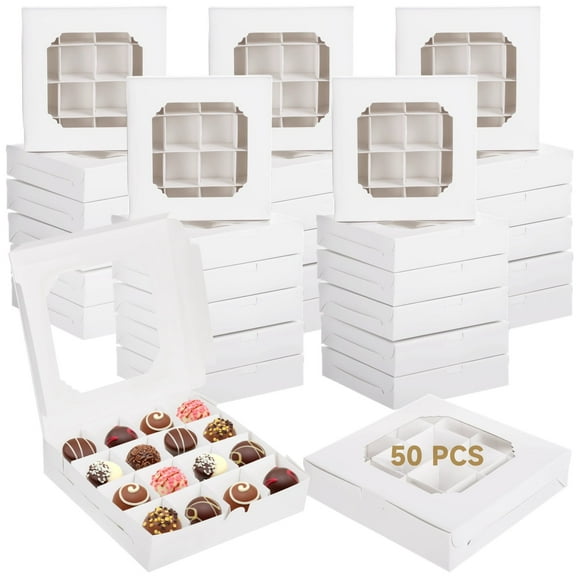 50 PCS Pick and Mix Sweet Boxes, Empty White 16-Grid Dessert Boxes with Clear Window, White Kraft Paper Bakery Treat Boxes for Chocolate, Truffle, Cookie, Wedding Party Favors