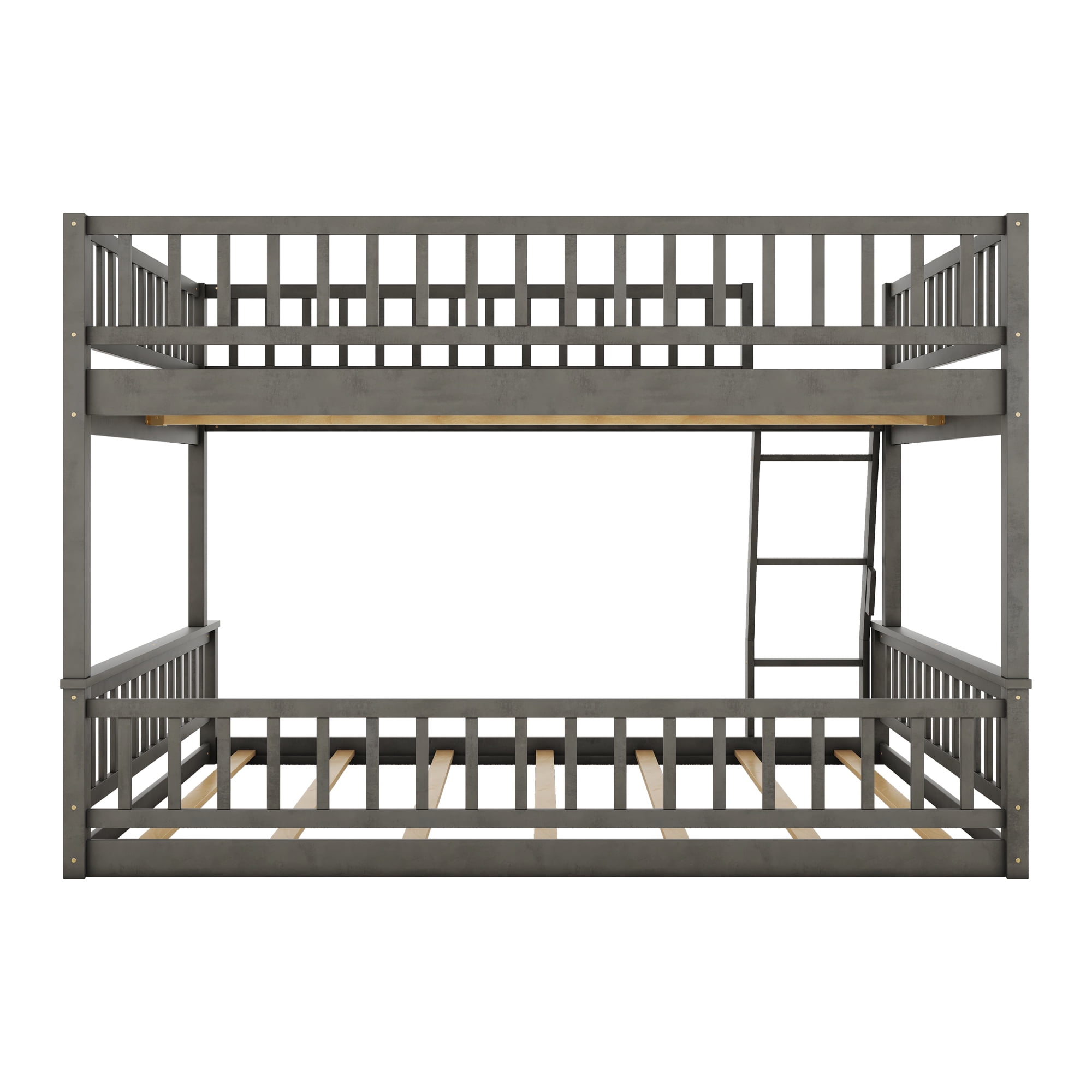 Full XL Over Queen Bunk Bed for Kids Adults, Queen Size Floor Bunk Beds with Inclined Ladder, Solid Wood Low Bunk Bed,Detachable Bunk Beds for Teens,Girls,Boys