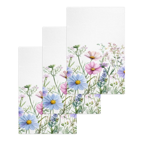 Spring Floral Kitchen Dish Towels for Drying Dishes Set of 3, Watercolor Herbs Summer Botanical Waffle Weave Microfiber Hand Tea Bathroom Towels Quick Dry & Absorbent Towel 15.7x23.6