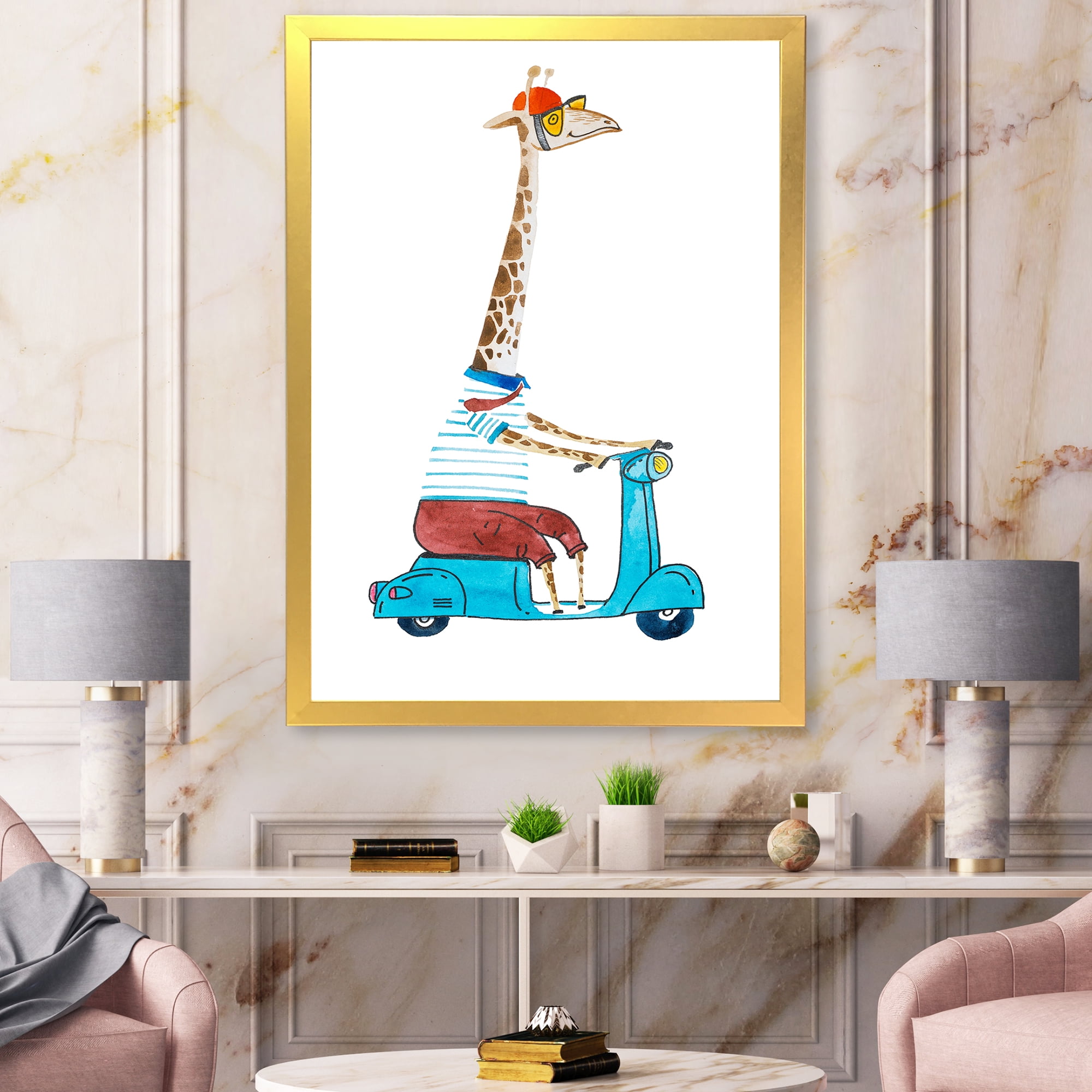 Giraffe Dressed Up Wearing Helmet & Riding Blue Scooter Children 24 in x 32 in Framed Painting Canvas Art Print, by Designart
