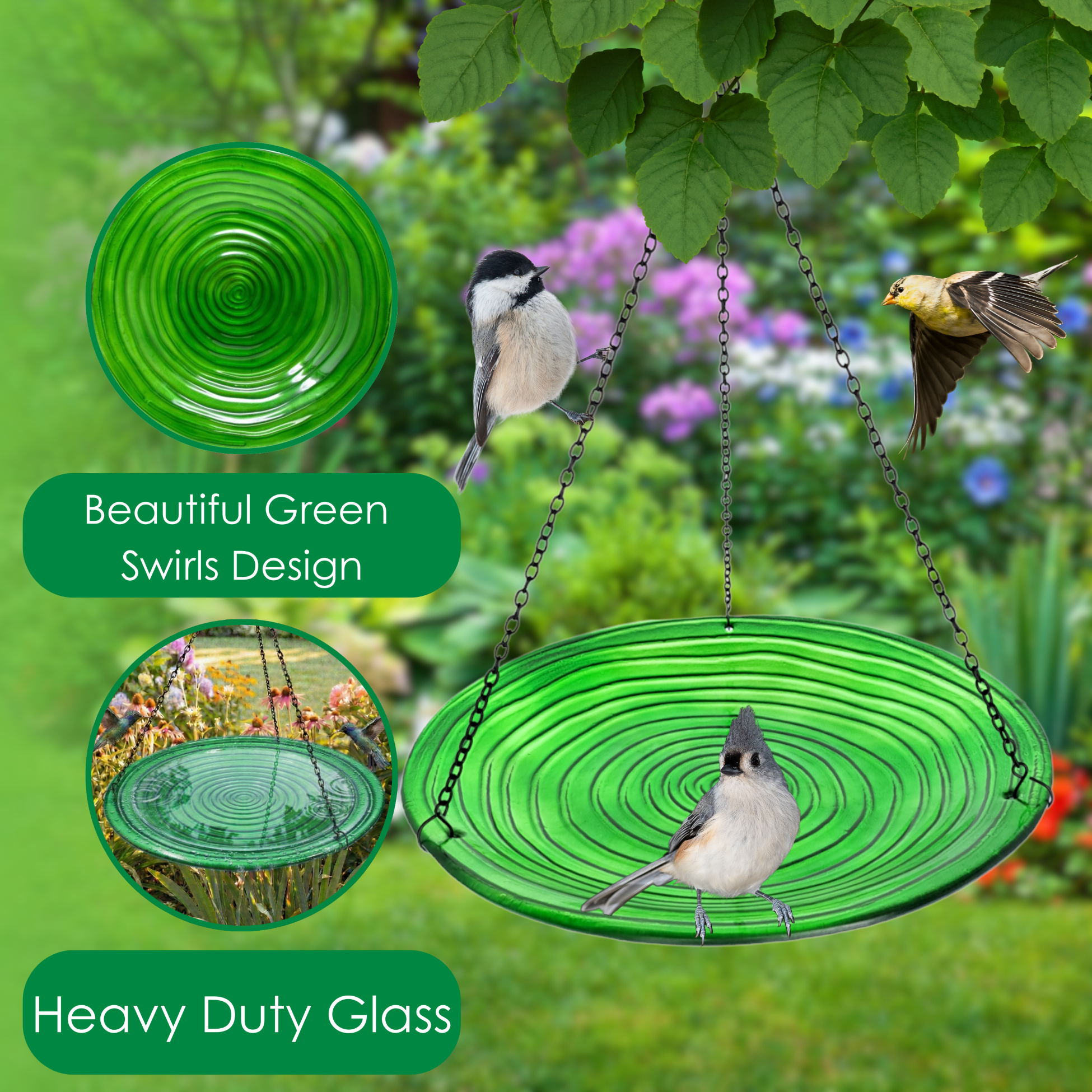 Songbird Essentials Glass Embossed Bird Bath, Hanging Birdbath Hunter Green, 13in Round