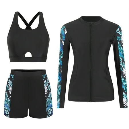 FEOYA Womens 3 Piece Long Sleeve Rash Guard Swimsuits with Built-in Bra Bathing Suit Surfing Sun Protection Zip-Up Swimwear Boyshorts Swim Shirt Quick Dry M
