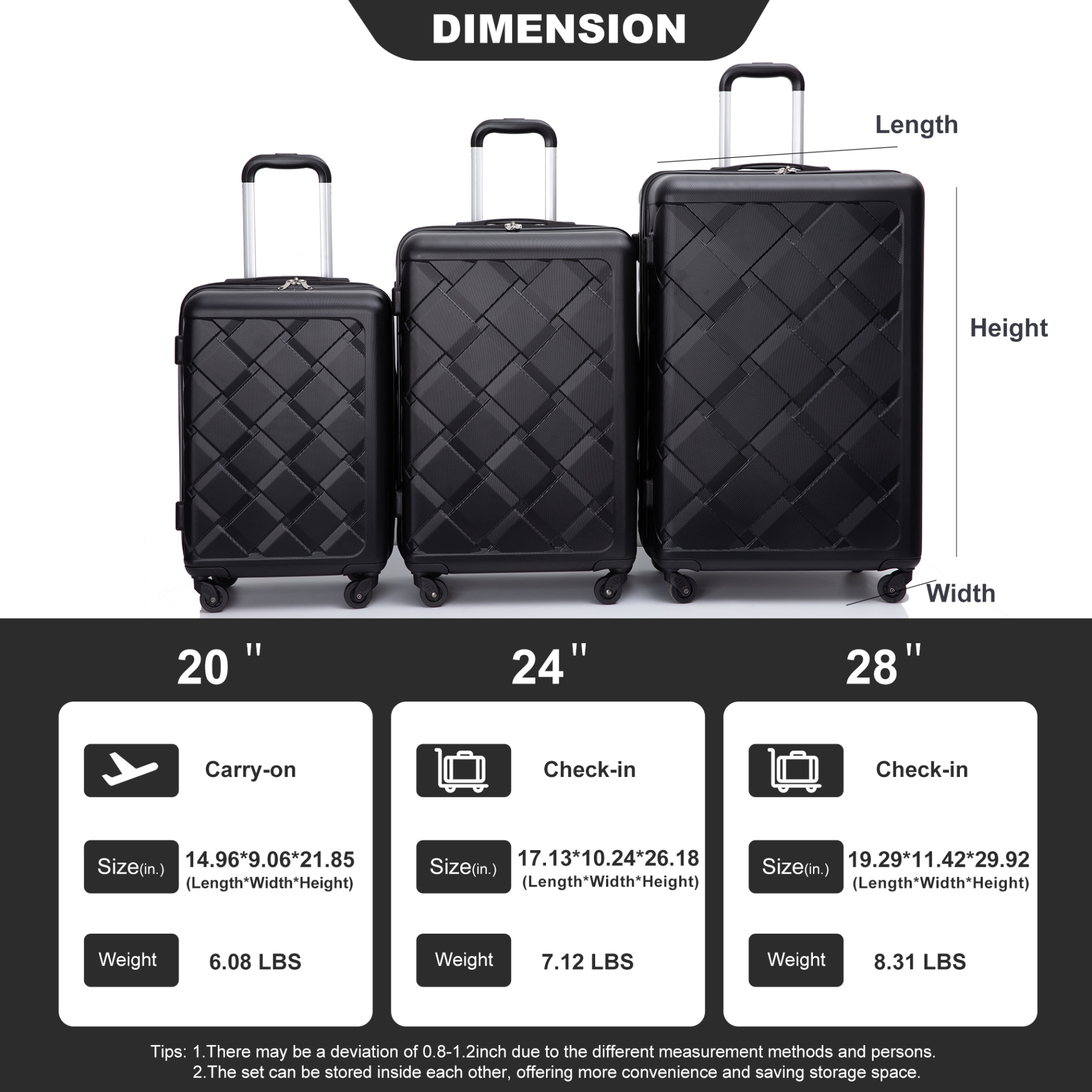 Hardshell Spinner Luggage Set, 8-Piece ABS Travel System (20/24/28" Expandable Suitcases + 4 Storage Bags + Waterproof Shoe Compartment) for Business & Leisure, Black