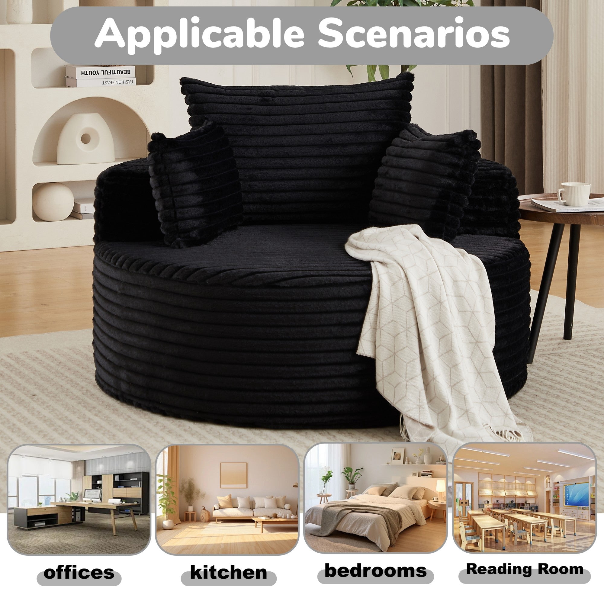 Sailvan 50" Corduroy Single Sofa, No Assembly Modern Sleeper Chair, Fluffy Cloud Lounge Recliner for Living Room and Bedroom, Grey Black