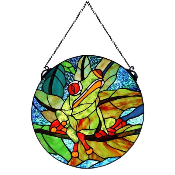 Dale Tiffany Savin Frog Art Glass Suncatcher in Green/Sky Blue