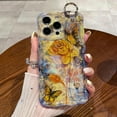 thumbnail image 4 of Case for iPhone 15 Pro Max , Colorful Oil Painting Flower Case with Phone Grip Pretty Glossy Wave Cover Cute Floral Phone Finger Strap Stand Shell for Women Girl With Stylus Pen, Yellow Rose, 4 of 6