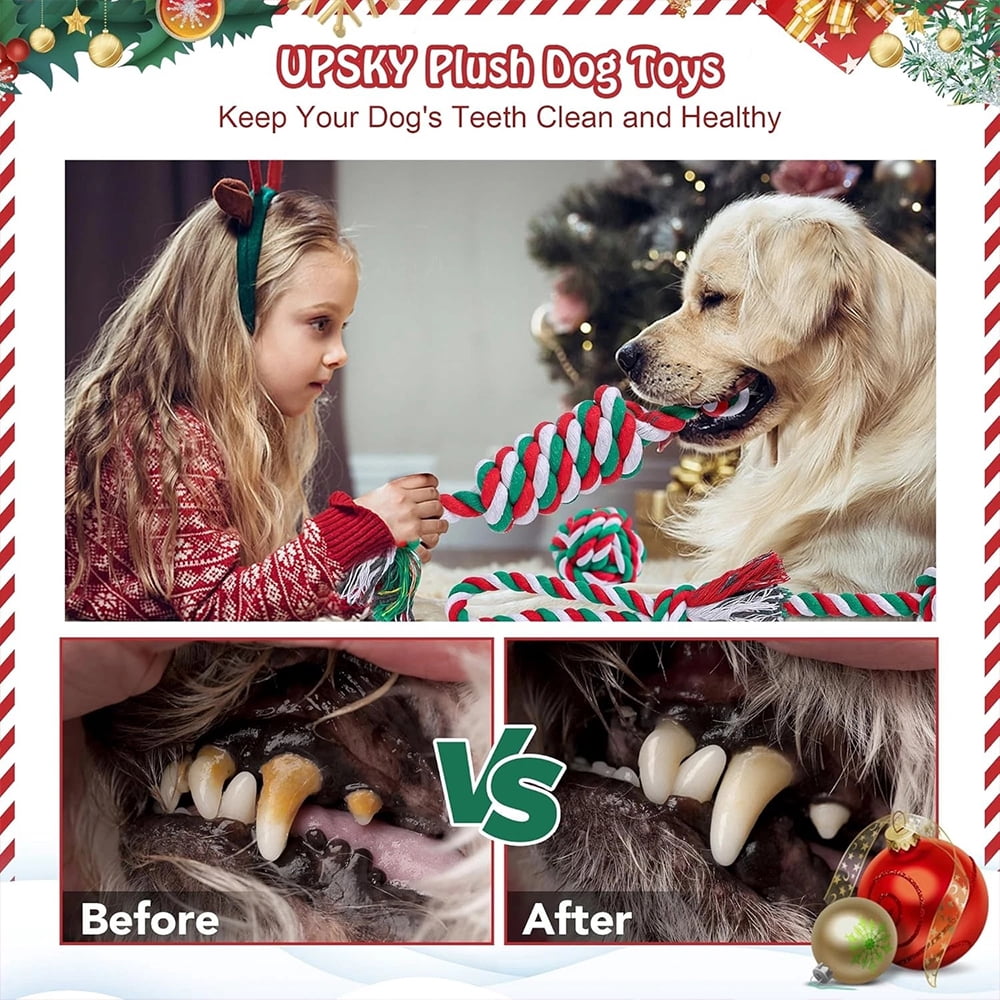 UPSKY 10Pack Christmas Dog Rope Toys Sturdy Interactive Puppy Chew Toys for Dogs Teething Training