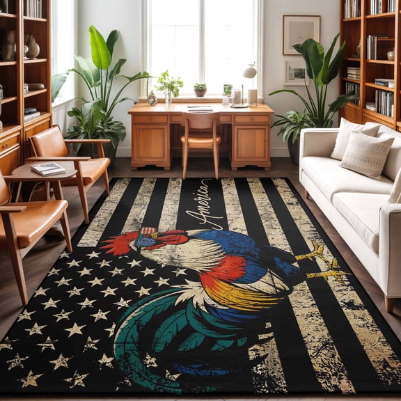 Large Area Rugs 8'x10', Rooster Independence Day Carpet Runner Indoor Outdoor Rugs Home Decor Aesthetic, 4th of July Vintage Art Non Slip Mats Washable Accent Rug for Living Room Bedroom
