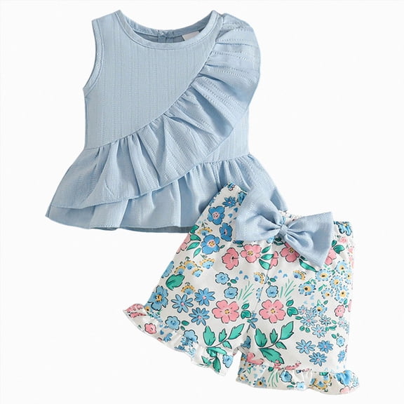 WUANDIXFA Toddler Baby Girls Clothes 6 9 18 24 Months 2T 3T Summer Outfits Ruffle Sleeve T-shirt Shorts Cute Girl Clothing Set,Light Blue,9-12 Months