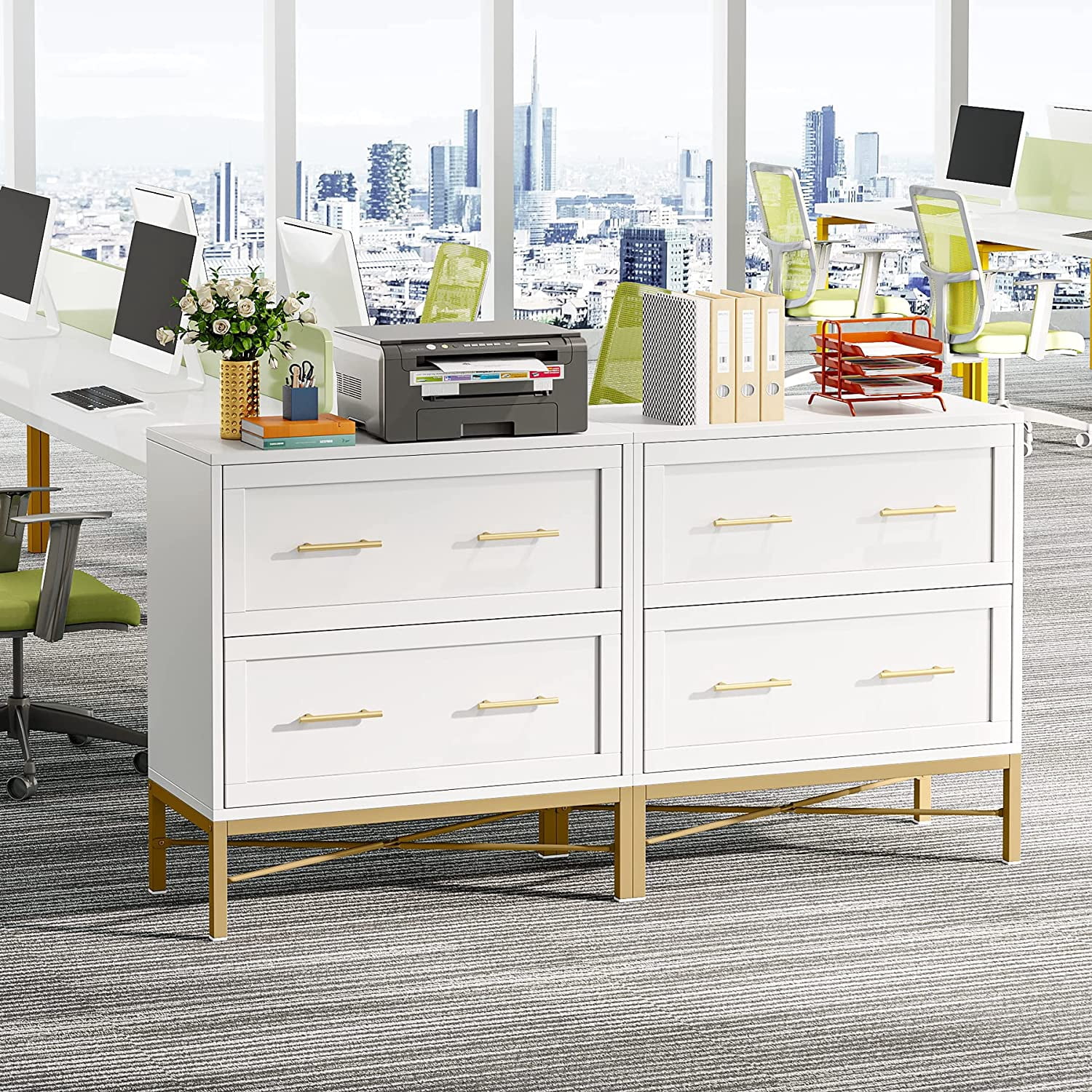 Tribesigns 2 Drawer File Cabinet, Modern Lateral Filing Cabinet for Letter/Legal/A4, Large Printer Cabinets,Black, Gold and Brown