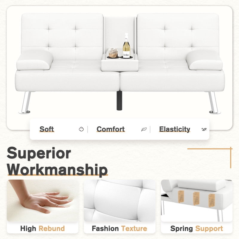 Lacoo Linen Futon Sofa Bed Modern Convertible Sleeper Couch with Removable Armrests & Cup Holders for Living Room,Small Spaces,PU Leather White