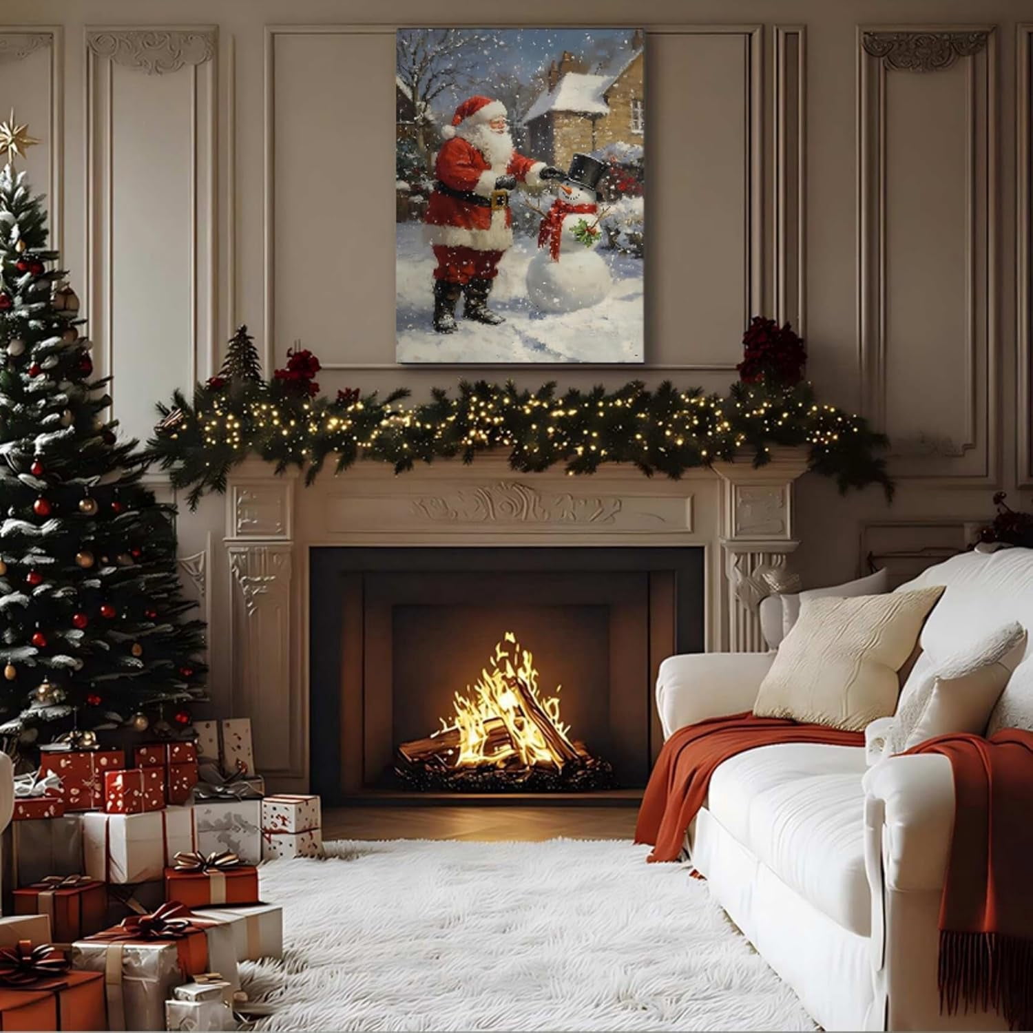 Christmas Wall Art Prints, Winter Christmas Picture Wall Decor Santa Snowman Canvas Artwork for Bathroom, Snow Scene Street Aesthetic Posters for Bedroom, Christmas Holiday Decor