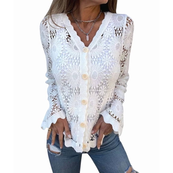 Women Cardigan Crochet Sweater Hollow Out Button Front V Neck Long Sleeve Knit Crop Sweater Top White S