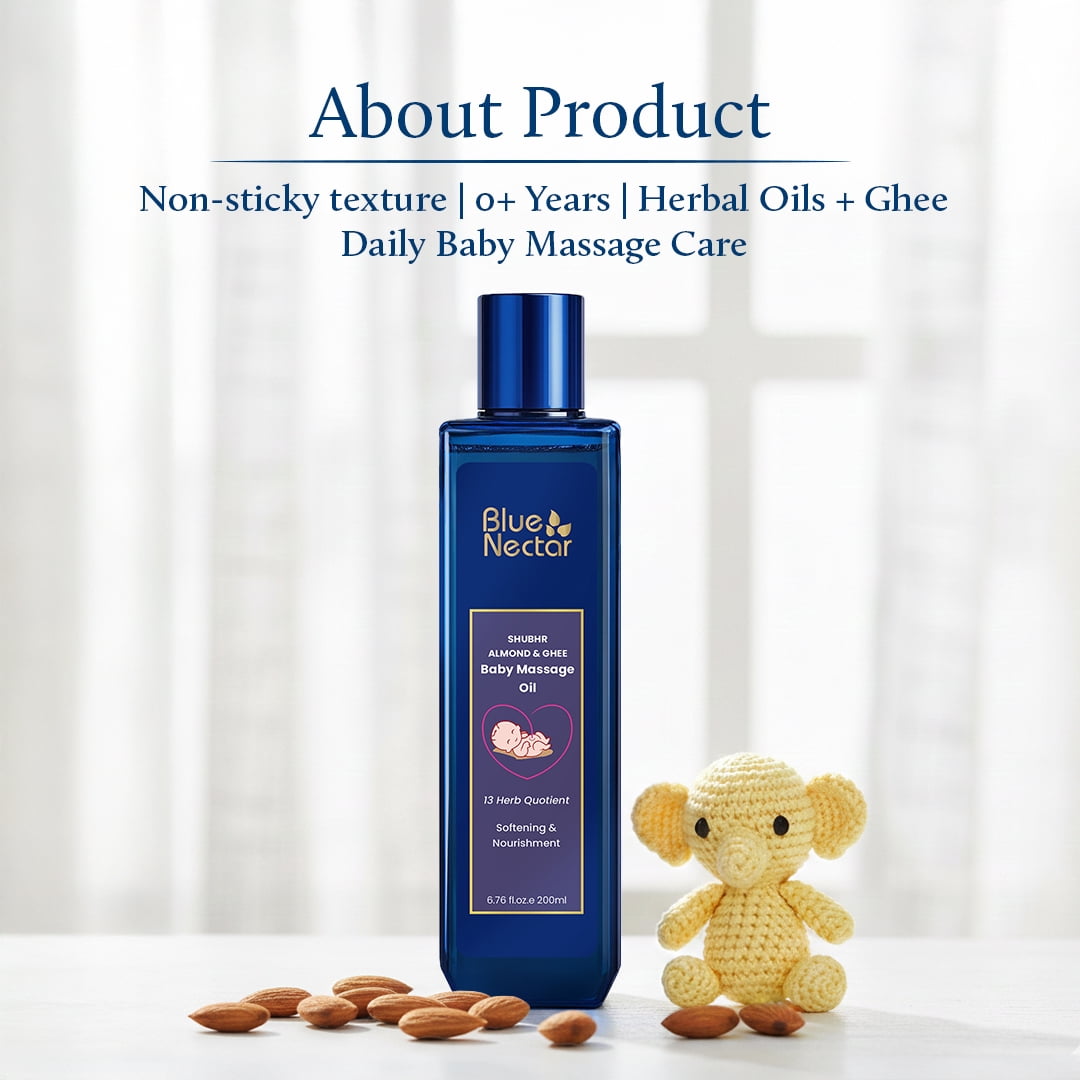 Blue Nectar Ayurveda Gentle Baby Oil for Newborn Skin Care | 100% Natural Moisturizing Coconut Oil, Organic Ghee & Almond Oil for Baby Massage (13 Herbs, 3.38 Fl Oz)