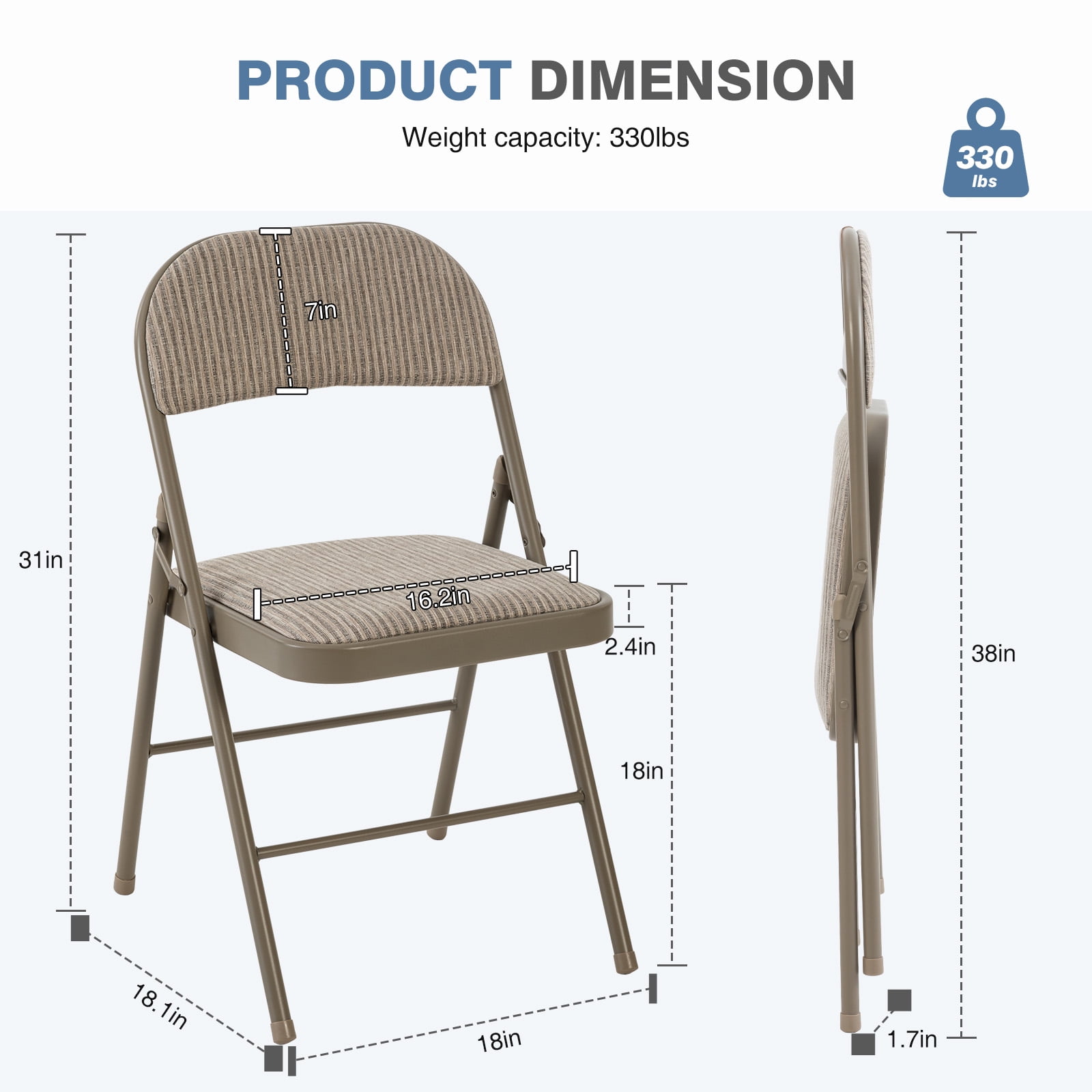 Gianna 4-Pack Folding Chairs, Padded Fabric Dining Chairs with Cushioned Seat and Back for Indoor or Outdoor Use, Home, Office, Events & Parties