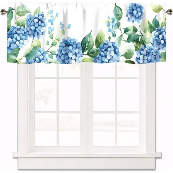 AshasdS Blue Hydrangea Curtain Valance for Windows Floral Green Leaves Rod Pocket Polyester Window Treatments 1 Panel for Kitchen Windows Bathroom Bedroom,54 x 18 inch