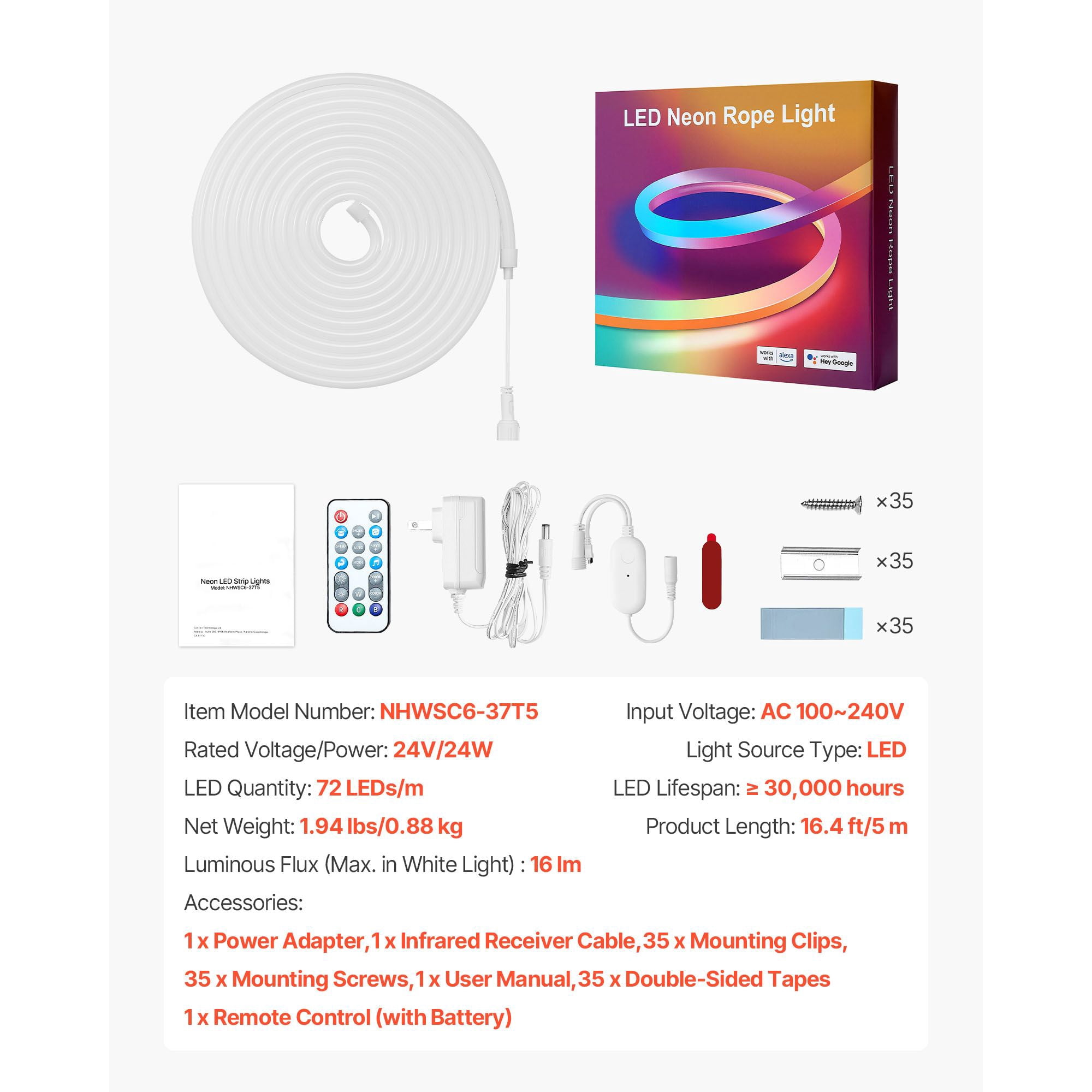 RGB-IC Neon Rope Light 16.4ft, 72 LEDs/m with 20 Controllable Segments, Music Sync Mode, Alexa and Google Assistant Compatible, IP65, Flexible PVC for Bedroom Decor