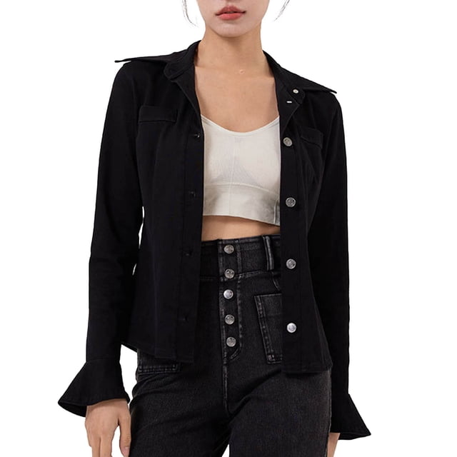 Économies d'Automne! srobpty Veste à Manches Longues pour Femmes, une Veste en Denim Uni avec Col à Revers, Manches Longues et Manches Évasées pour Femmes Noir, m