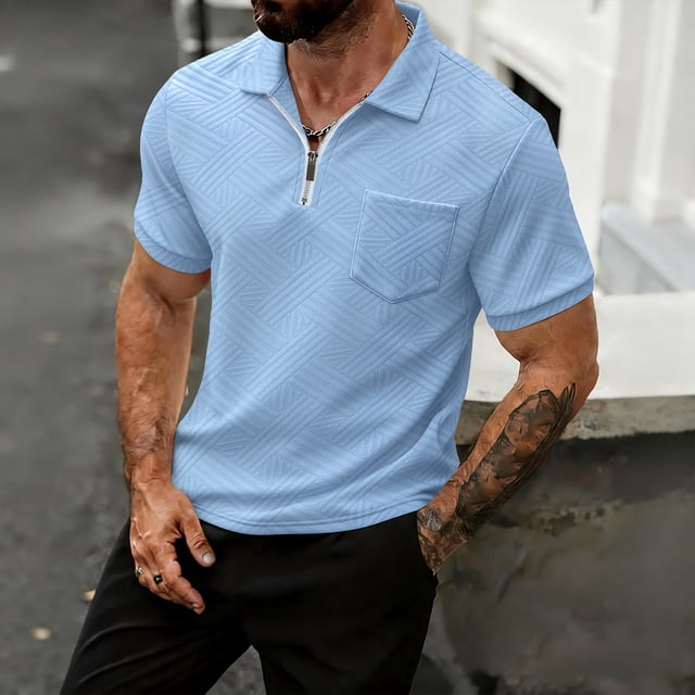 Blusa y camisa de manga corta con cuello vuelto para hombre, moda de color liso, manga corta, botones, media cremallera, jersey para hombre, top de poliéster