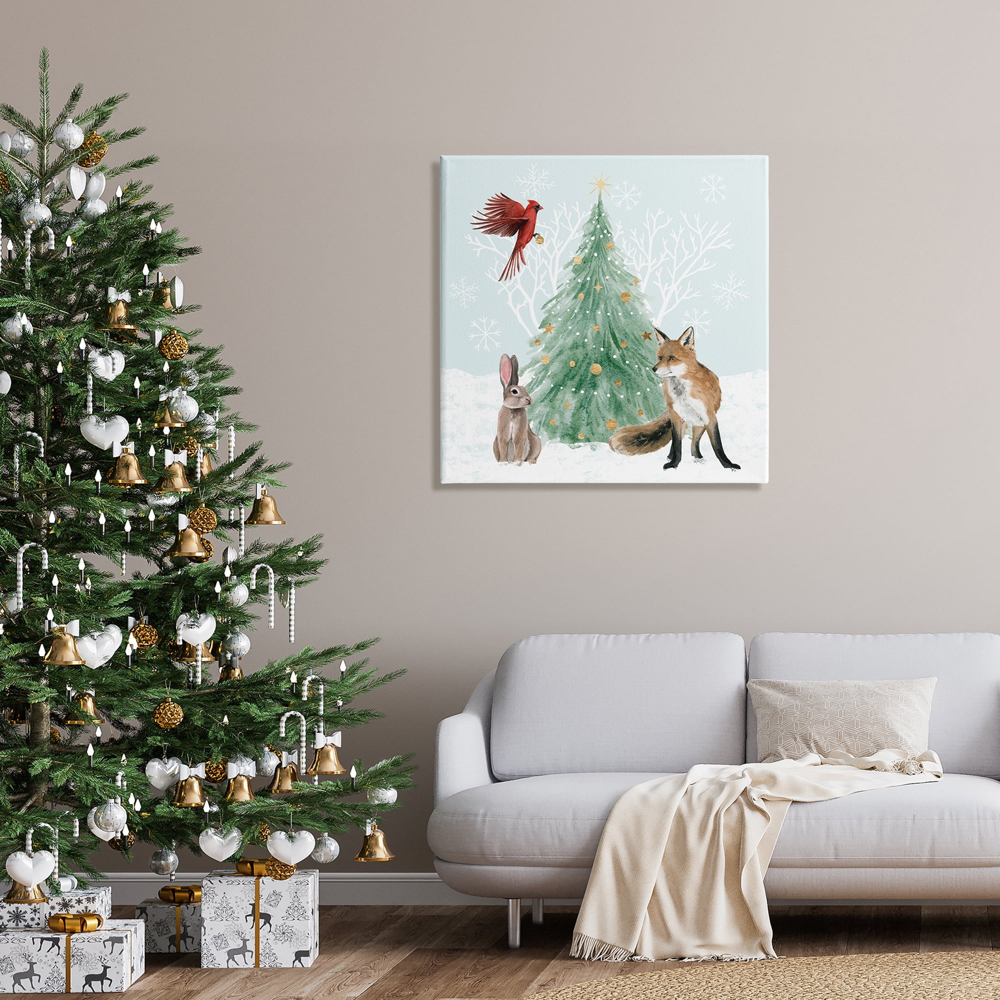 Wintery Wildlife Decorated Christmas Tree Snowflakes Animals & Insects Painting Gallery-Wrapped Canvas Print Wall Art