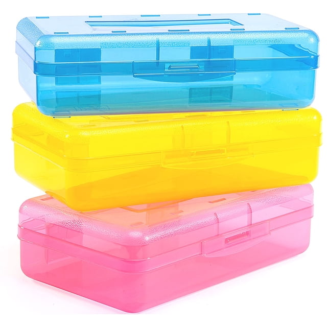 3 Pack Pencil Box, Large Capacity Plastic Pencil Case Boxes, Hard Pencil Case, Crayon Box with Snap-tight Lid, Plastic Pencil Boxes Stackable Design,Red, Yellow,Blue