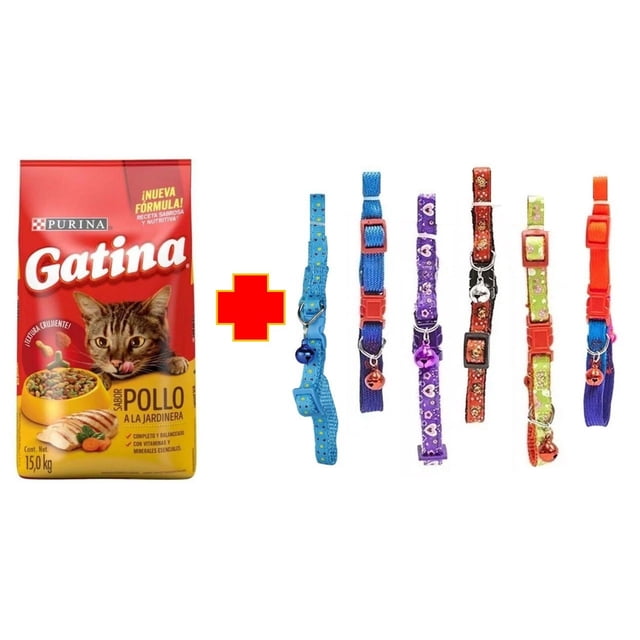 Paquete Gatina 15 kg + 1 collar ajustable con cascabel marca Fancy Pets.