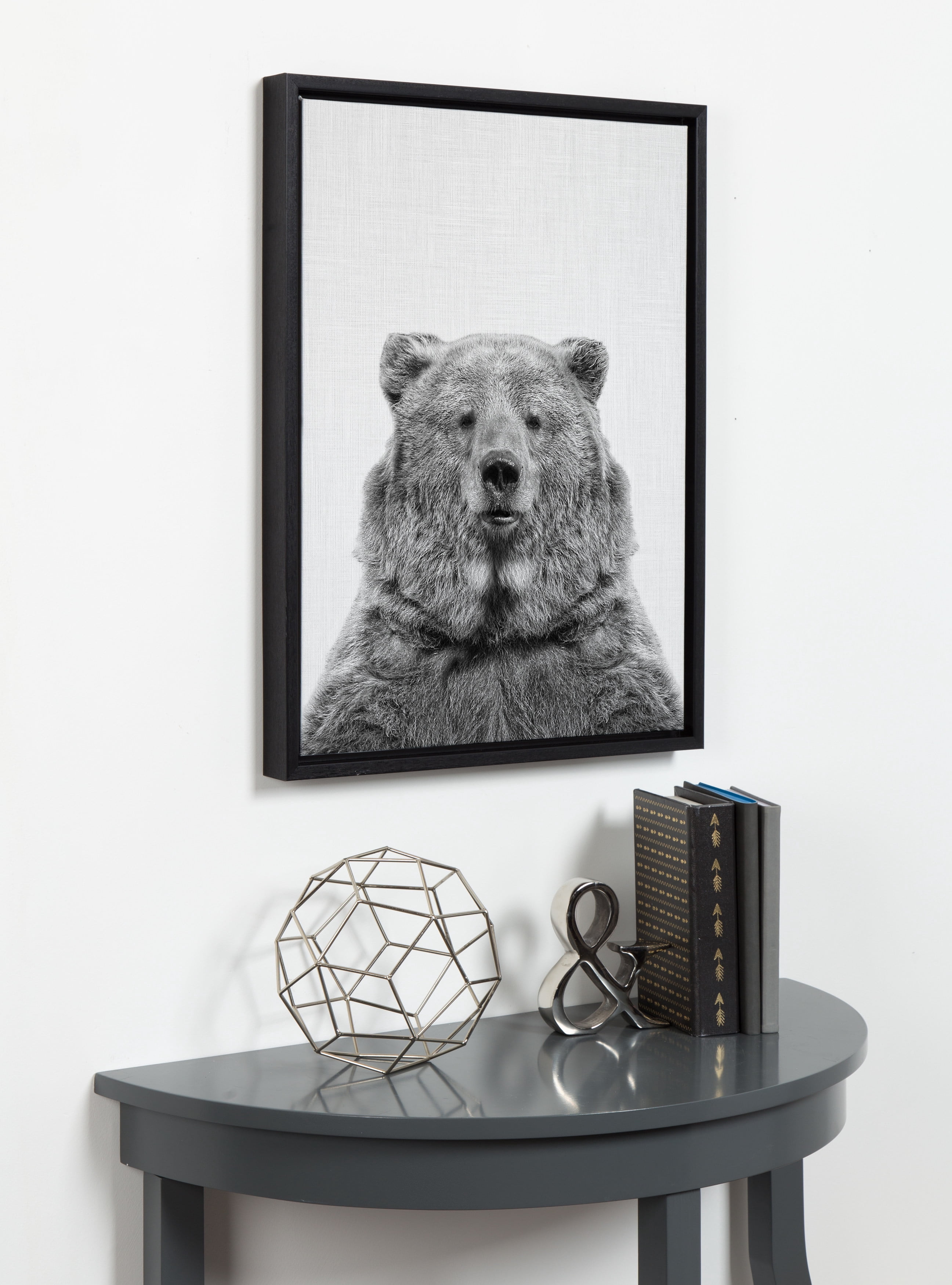 Kate and Laurel Sylvie Bear Animal Print Black and White Portrait Framed Canvas Wall Art by Simon Te Tai, 18x24 Black