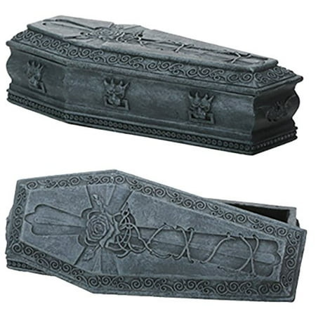 Red Rose Figurine - Gothic Faux Stone Druid Gargoyle Rose Cross Top Cemetery Coffin Box Figurine