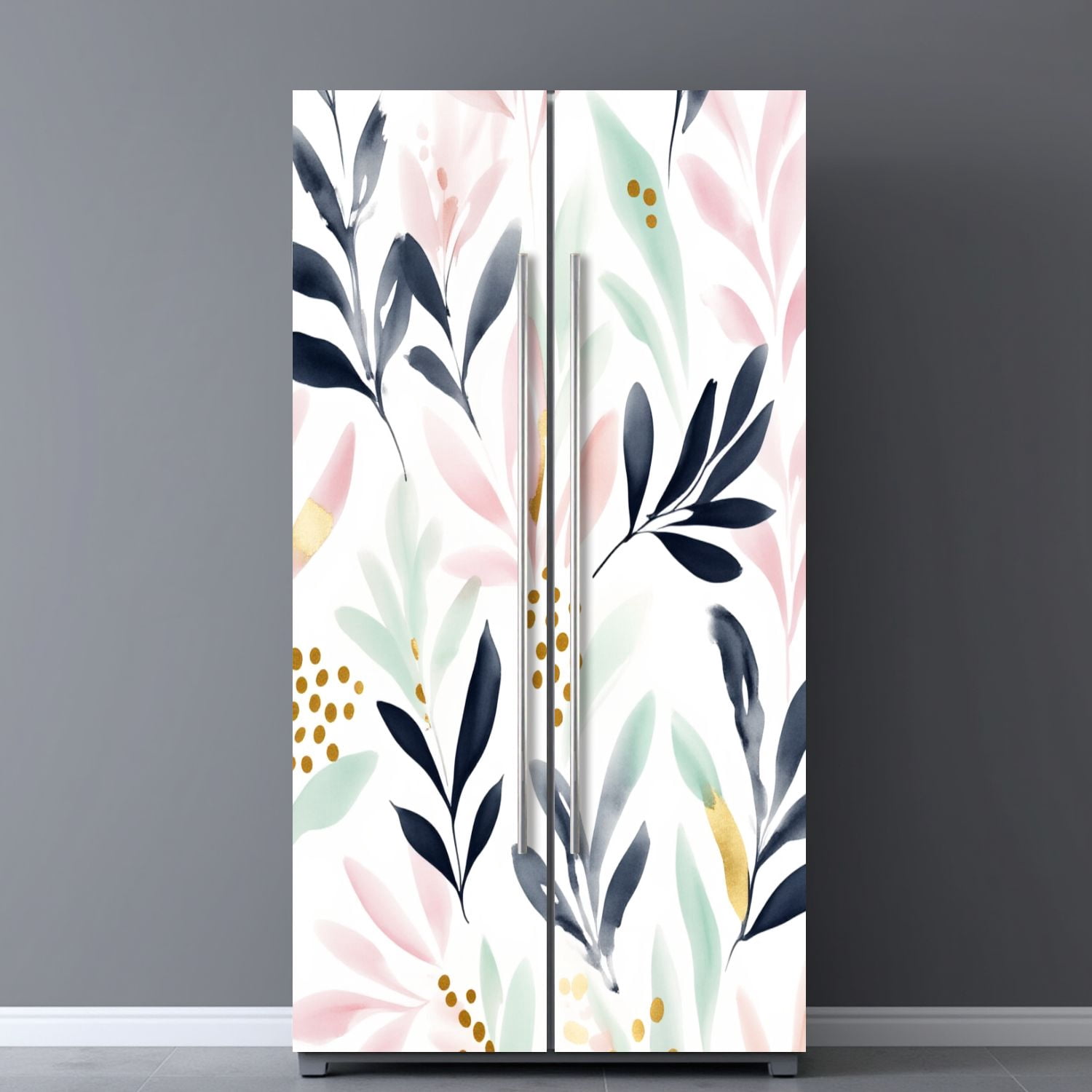 Self Adhesive Vinyl Refrigerator Wrap Set Modern Botanical Watercolor Pink Gold Mint Navy Leaves Door Mural Removable Fridge Sticker Peel and Stick&nbsp;Full Door Cover Decal Kitchen Bar Decor