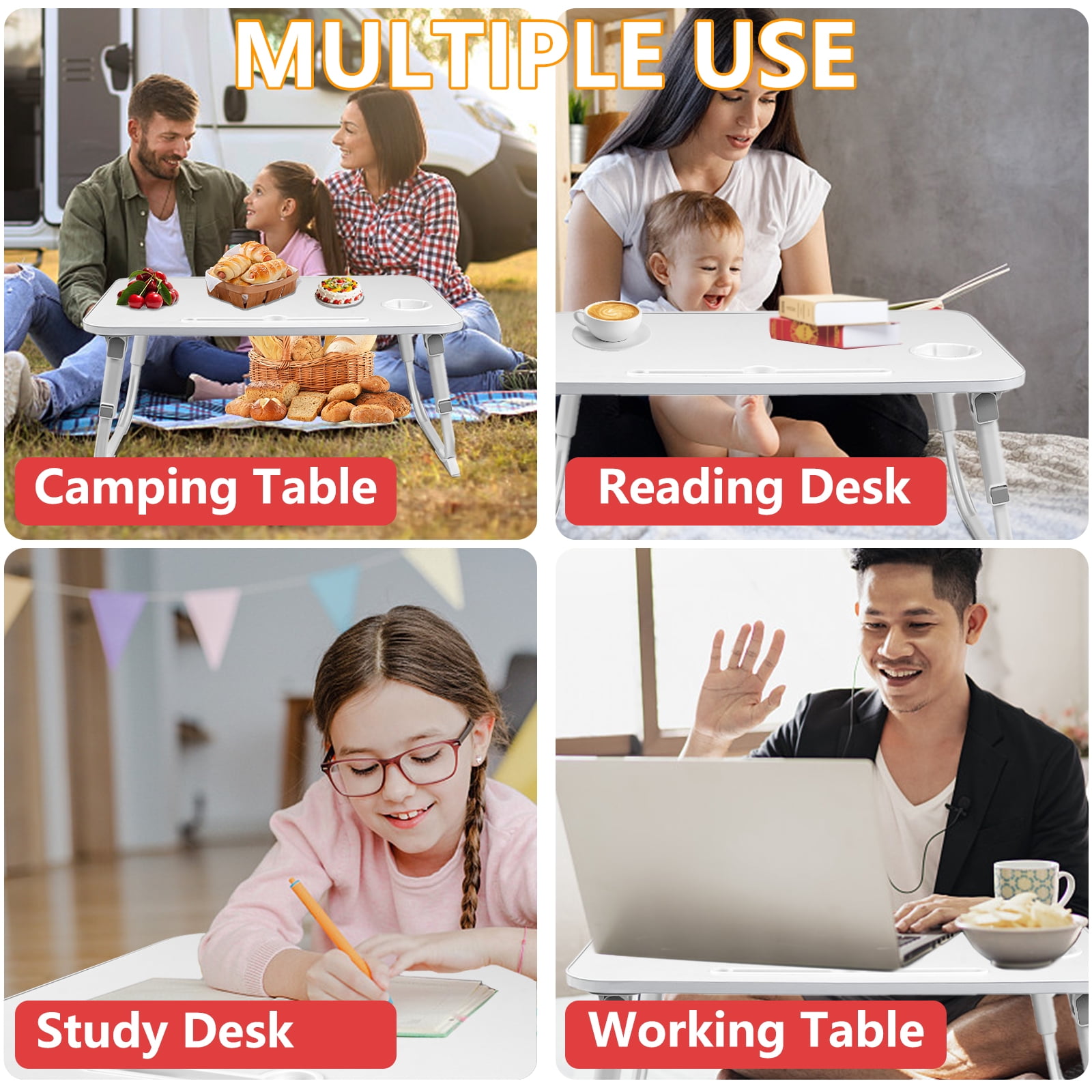 Yoneston Folding Laptop Bed Table, 23.6inch Portable Bed Tray Height Adjustable Laptop Desk with iPad Slots, Drawer and Cup Holder for Working Reading Writing, Eating, Watching-White