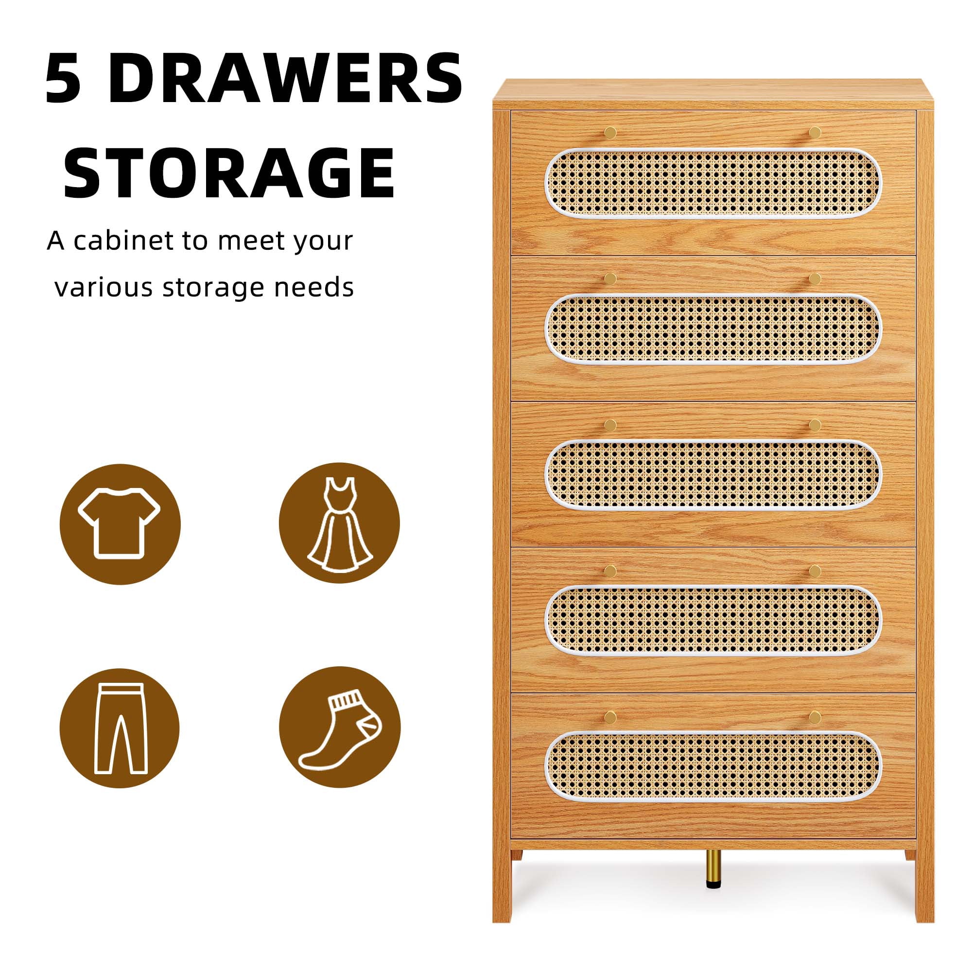 Uforic 5-Drawer Vertical Dresser, Wood Chest of Drawers Storage Cabinet, Natural