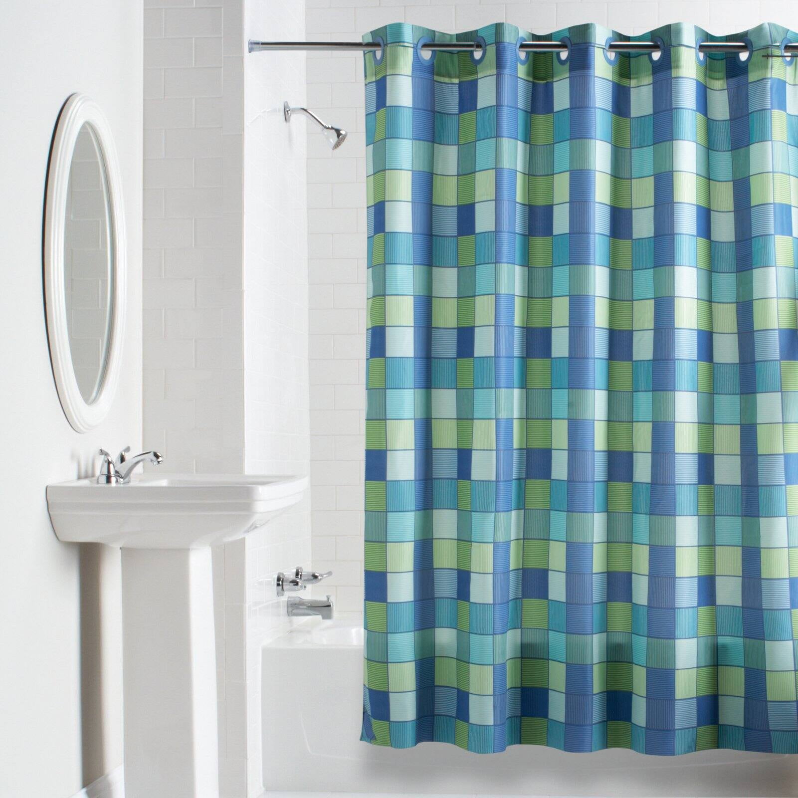 Hookless Blue Green Checkmate Polyester Shower Curtain Hookless Blue Green Checkmate Polyester Shower Curtain