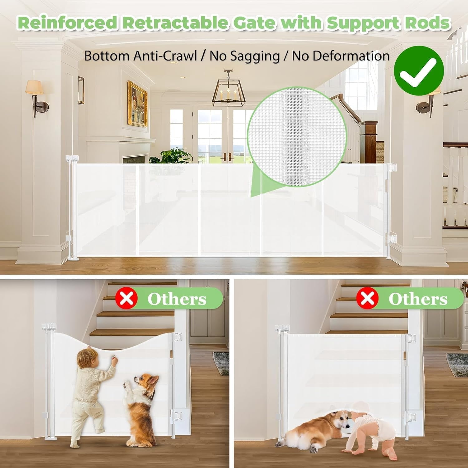 Reinforced 120 Inch Extra Long Retractable Baby & Dog Gate with Support Rods Prevents Crawling Under, 10 Ft Wide for Large Openings, Indoor/Outdoor Gate, White