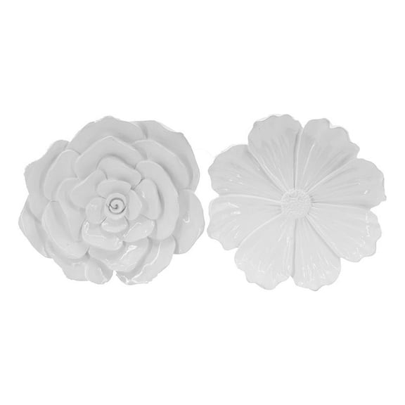 Benjara Dazzle 11- 12" Floral Wall Accent Set of 2- White Resin 3 Dimensional