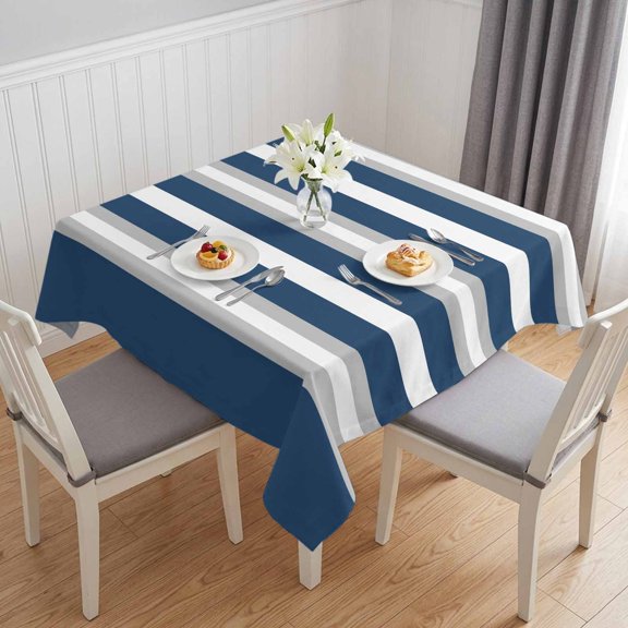 Navy Blue Grey Stripe Table Cloth Waterproof Tablecloths, Farmhouse Modern Art Striped Tablecloth Dining Table Cover for Kitchen Party Tabletop Outdoor, Square Tablecloth 60x60 Inch