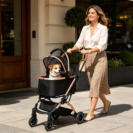 Pet Stroller for Dogs Cats, 2-in-1 Detachable Foldable 4 Wheels Stroller with Storage Basket, Quick One-Hand Fold, Sun Canopy and Safety Leashes for Travel Walking, Black Gold