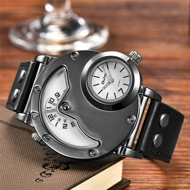 Oulm Montre Deux fuseaux horaires Homme Montres à quartz Marque Bracelet de  cuir de luxe Bracelet de sport avec deux mouvements Horloge masculine  Relogio Masculino (Blanc) 