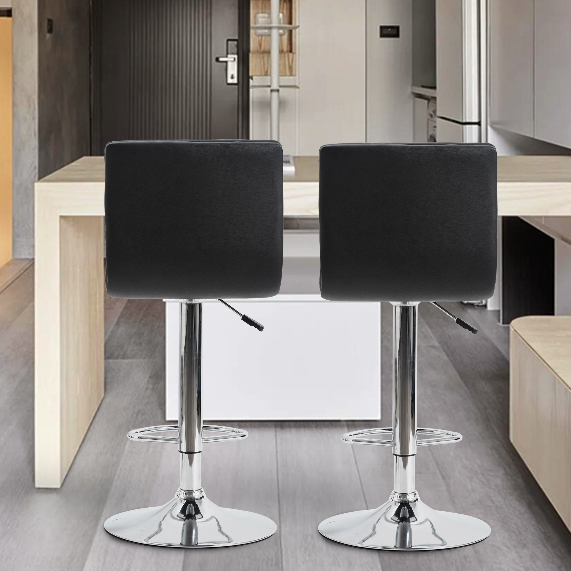 Set of 2 Bar Chairs Height Adjustable Counter Bar Stools with Cushion Black