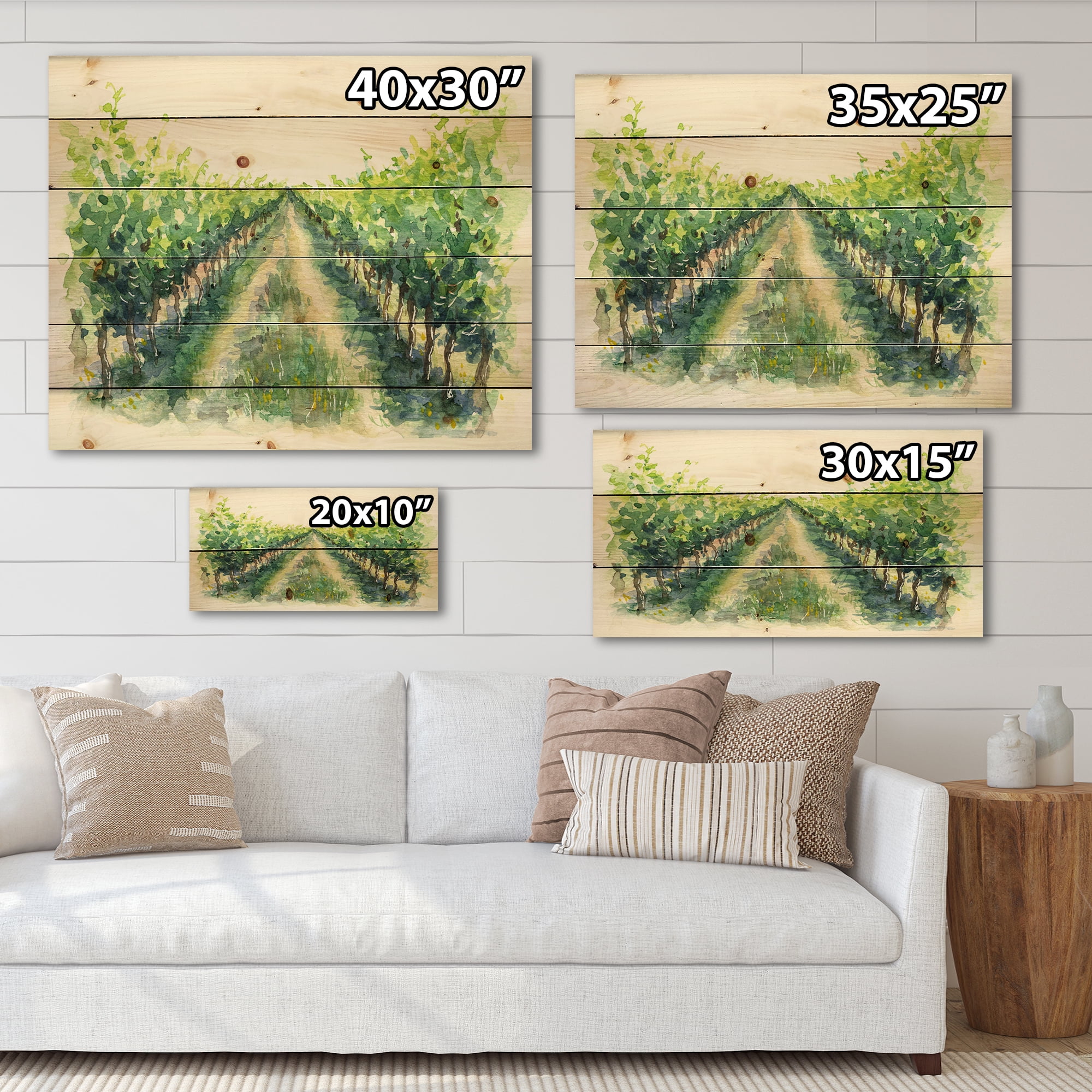 Designart 'Rural Scene Vineyard Path' Traditional Print on Natural Pine Wood