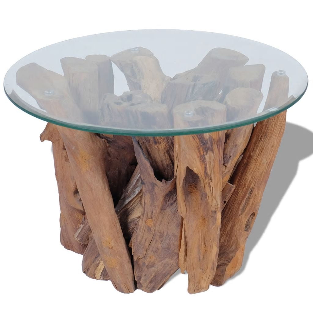 Best 23.6" Coffee Table, Solid Teak Driftwood with Glass Top and Teak Base, A