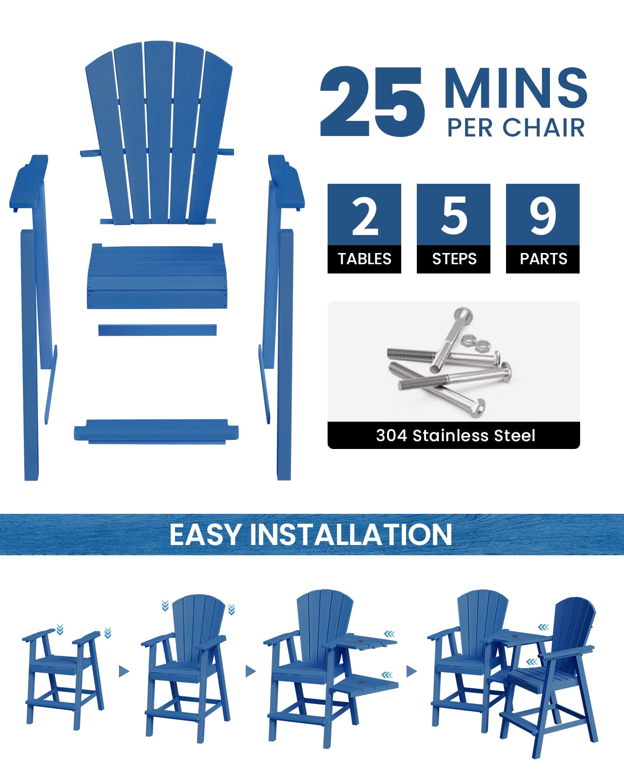 CIOKEA Tall Adirondack Chair Set of 2, All Weather HDPE Patio Chairs with Double Removable Connecting Trays for Balcony, Deck, Backyard, Patio, Garden, Blue