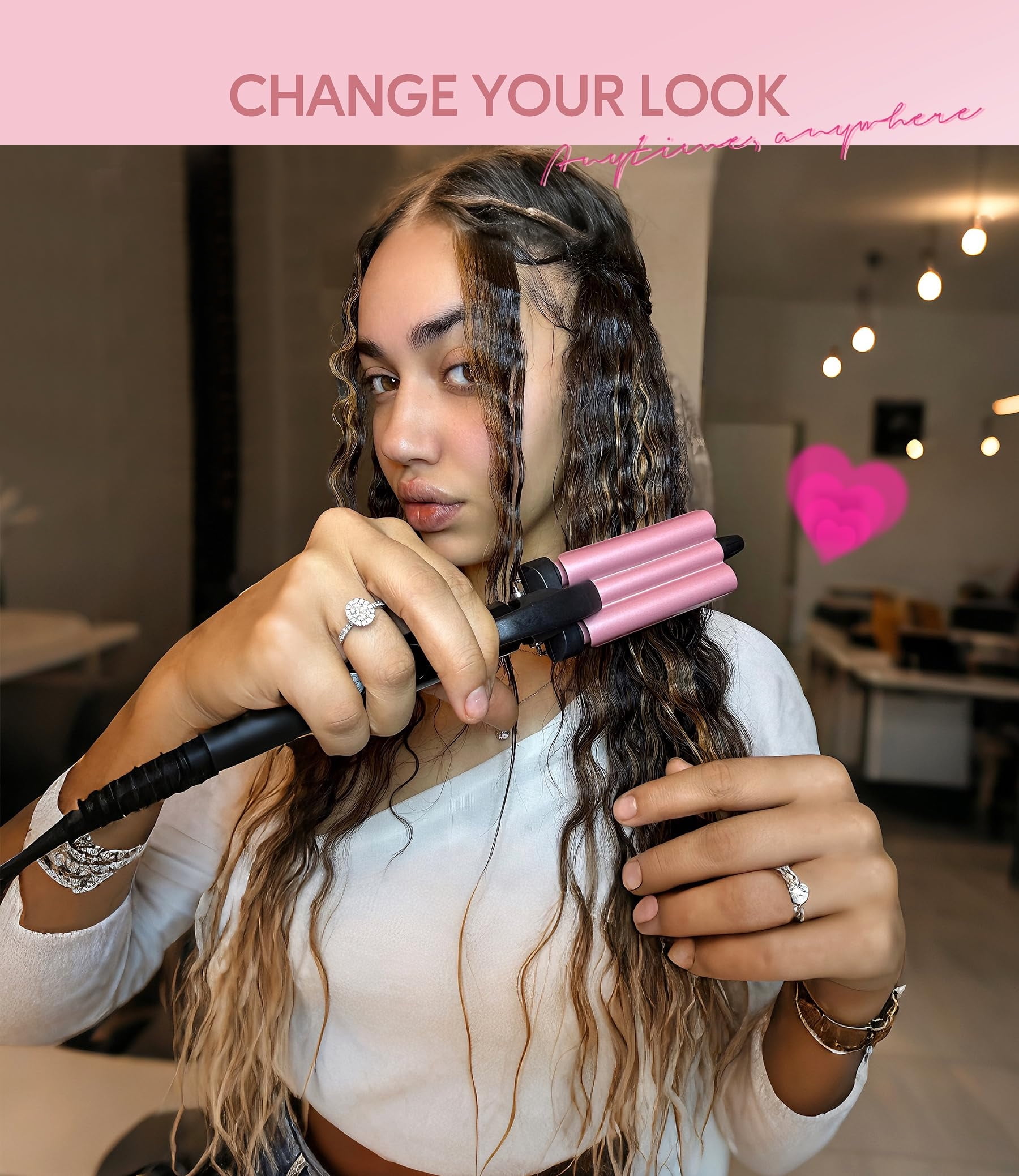 FARERY Mini Hair Crimper with Temperature Adjustable, Crimping Iron for Short Hair Waves, Rosepink