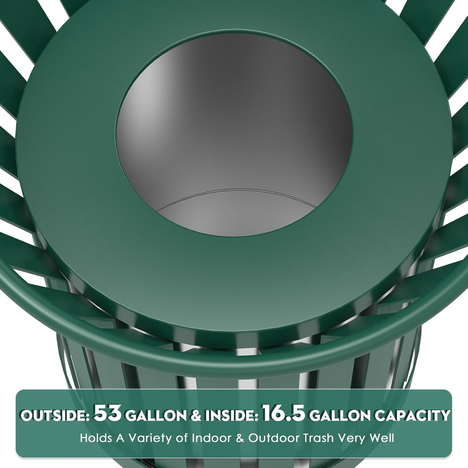 Gaonala Outdoor Metal Slatted Trash Can 30 - 52 Gallon Commercial Grade with Removable Inner Bin Waste Receptacle in Park School Beach Patio(Green)
