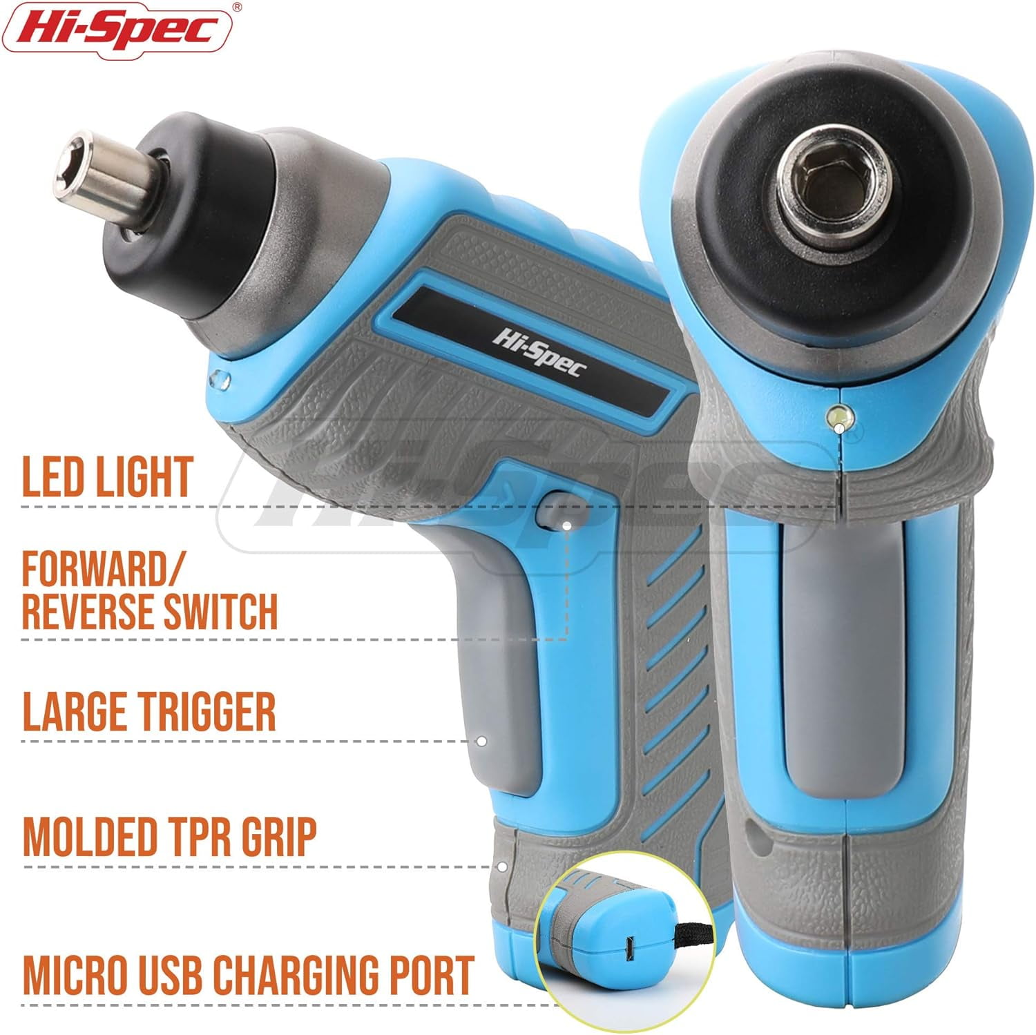 Hi-Spec 35pc Blue 3.6V Cordless Electric Power And USB Rechargeable Screwdriver and Home Tool Kit Set, Power Tools Combo Sets - Cordless Tools, With Handy And Easy Carrying Tool Case